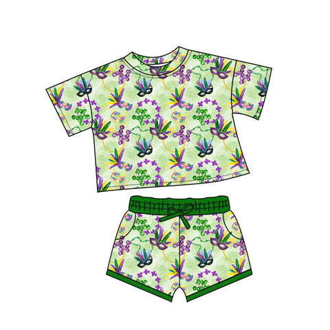 10.10 Pre-order GSSO2743 baby girls Mardi Gras green short sleeves short outfits