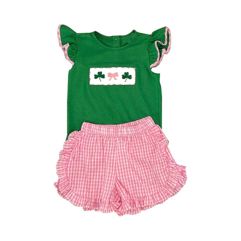 Preorder 11.04 MOQ 5 pcs GSSO2752 St. Patrick Leaf Truck Green Girls Shorts Set