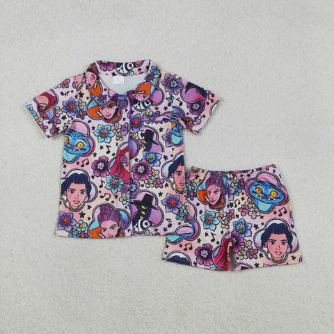 GSSO2753 Cartoon Flower Hot Pink Girls Shorts Pajamas Set