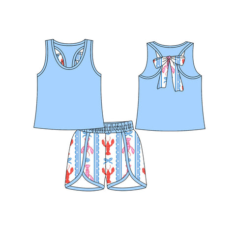 Preorder 11.04 MOQ 5 pcs GSSO2755 Crawfish Bows Blue Girls Shorts Set