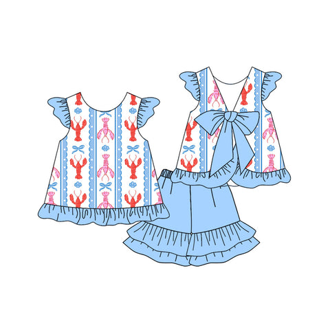 Preorder 11.04 MOQ 5 pcs GSSO2756 Crawfish Bows Blue Girls Shorts Set