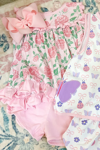 Preorder 11.16 MOQ 5 pcs GSSO2759 Flower Rose Pink Girls Shorts Set