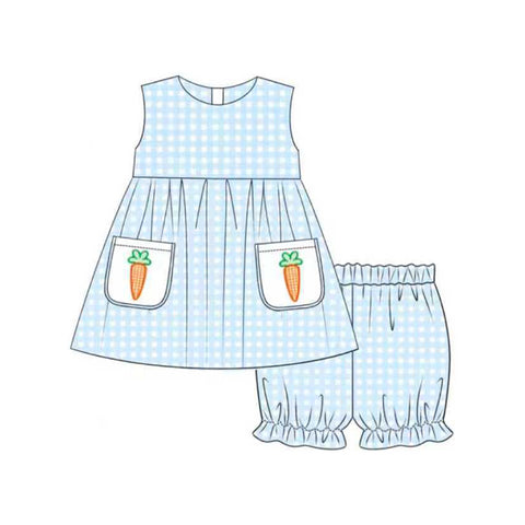 Preorder 11.20 MOQ 5 pcs GSSO2773 Easter Carrot Blue Plaid Girls Shorts Set