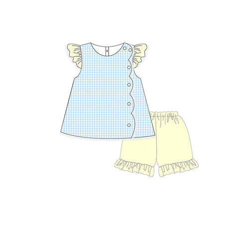 Preorder 11.20 MOQ 5 pcs GSSO2775 Blue Plaid Yellow Girls Shorts Set