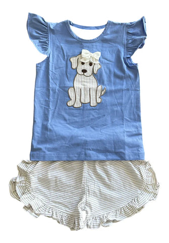 Preorder 11.24 MOQ 5 pcs GSSO2781 Dog Blue Stripe Girls Shorts Set