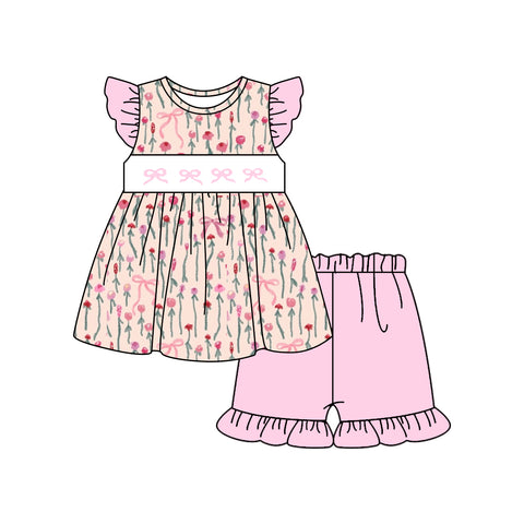 Preorder 11.25 MOQ 5 pcs GSSO2789 Flower Bows Pink Girls Shorts Set