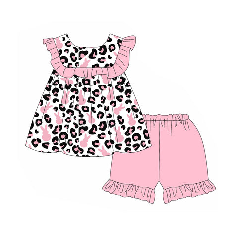 Preorder 11.29 MOQ 5 pcs GSSO2800 Easter Bunny Leopard Pink Girls Shorts Set