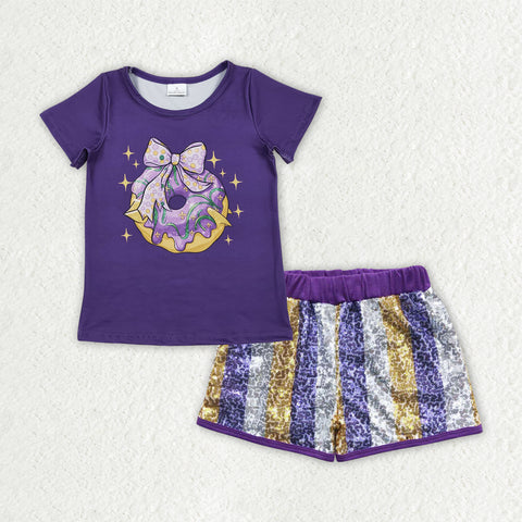 GSSO2804 Mardi Gras Dounts Sequin Shorts 2 Pcs Girl's Set