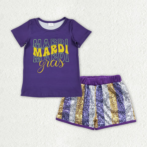 GSSO2805 Mardi Gras Sequin Shorts 2 Pcs Girl's Set