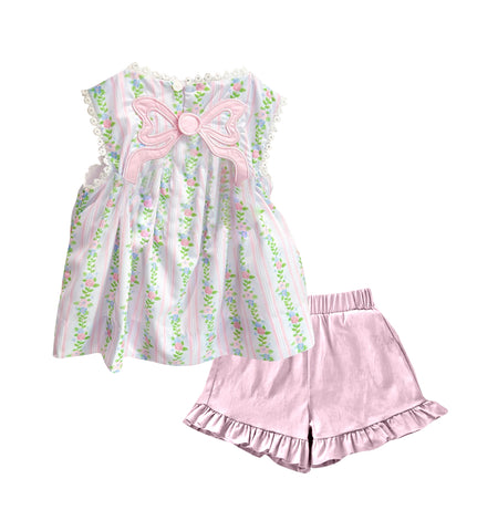 Preorder 12.01 MOQ 5 pcs GSSO2810 Flower Bows Pink Girls Shorts Set