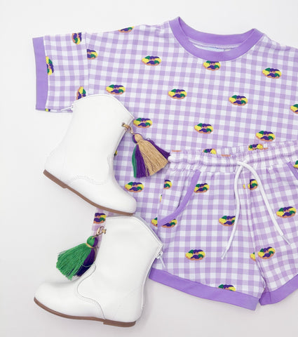 Preorder 12.01 MOQ 5 pcs GSSO2814 Mardi Gras Donut Purple Plaid Girls Shorts Set