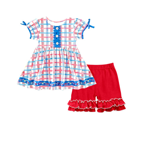 Preorder 12.01 MOQ 5 pcs GSSO2815 4th of July Plaid Red Girls Shorts Set