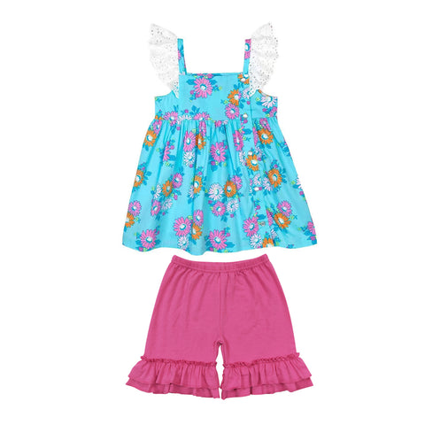 Preorder 12.03 MOQ 5 pcs GSSO2825 Flower Pink Girls Shorts Set