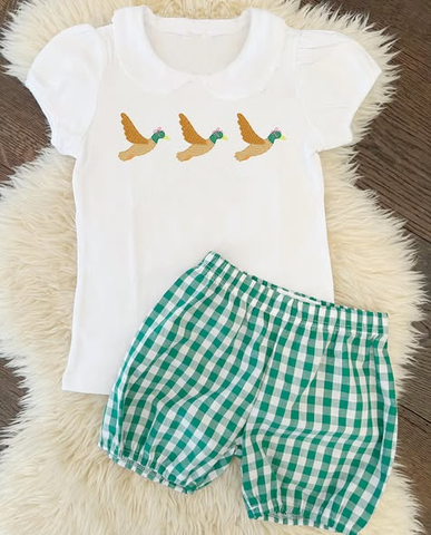Preorder 12.04 MOQ 5 pcs GSSO2826 Mallard Ducks Green Plaid Girls Shorts Set