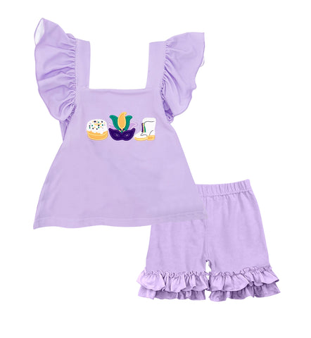 Preorder 12.04 MOQ 5 pcs GSSO2828 Mardi Gras Mask Purple Girls Shorts Set