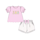 Preorder Samples GSSO2829 Embroidery Easter Rabbit Ruffles Pink Girls Shorts Set