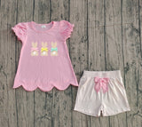 Preorder Samples GSSO2829 Embroidery Easter Rabbit Ruffles Pink Girls Shorts Set
