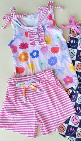 Preorder 12.05 MOQ 5 pcs GSSO2830 Flower Pink Stripe Girls Shorts Set
