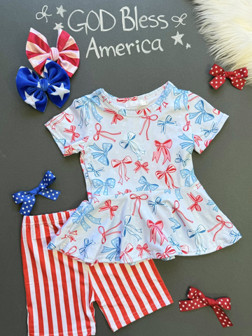 Preorder 12.05 MOQ 5 pcs GSSO2838 4th of July Bows Girls Shorts Set