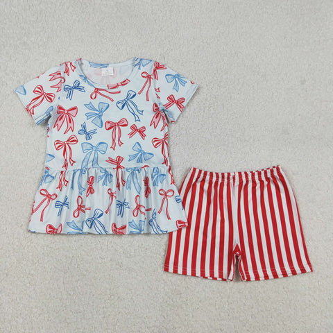 GSSO2838 4th of July Bows Stripe Girls Shorts Set