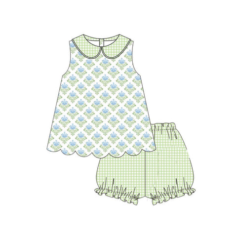 Preorder 12.08 MOQ 5 pcs GSSO2850 Flower Green Plaid Girls Shorts Set