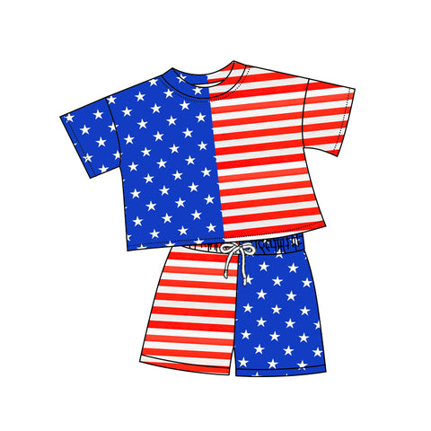 Preorder 12.08 MOQ 5 pcs GSSO2852 4th of July Star Stripe Girls Shorts Set