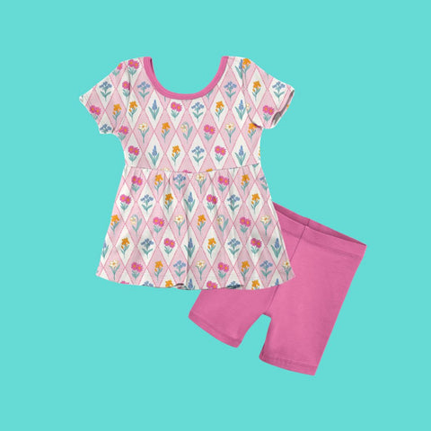 Preorder 12.11 MOQ 5 pcs GSSO2853 Garden Flower Pink Girls Shorts Set