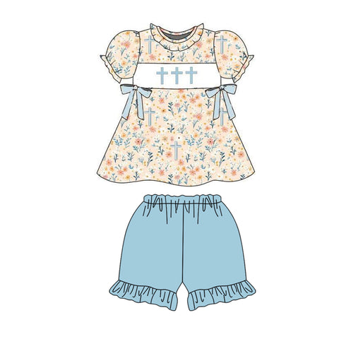 Preorder 12.12 MOQ 5 pcs GSSO2855 Easter Cross Flower Girls Shorts Set