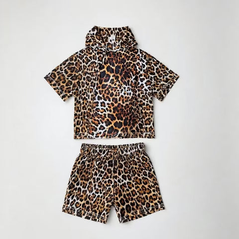 Preorder 12.13 MOQ 5 pcs GSSO2857 Fashion Leopard Brown Hoodie Kids Shorts Set