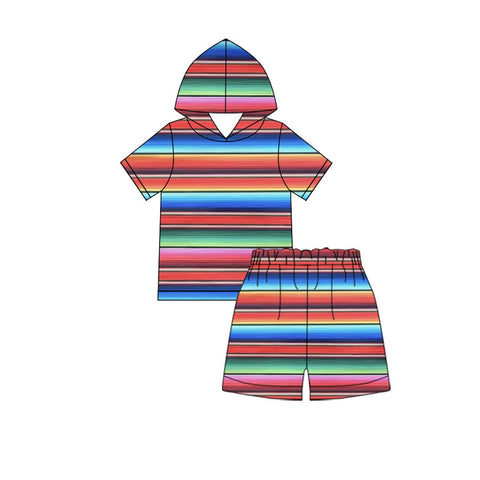 Preorder 12.13 MOQ 5 pcs GSSO2858 Colorful Stripe Hoodie Kids Shorts Set