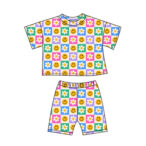 Preorder 12.13 MOQ 5 pcs GSSO2864 Smiley face Flower Girls Shorts Set