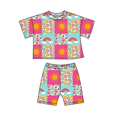 Preorder 12.13 MOQ 5 pcs GSSO2865 Smiley face Flower Sun Rainbow Girls Shorts Set