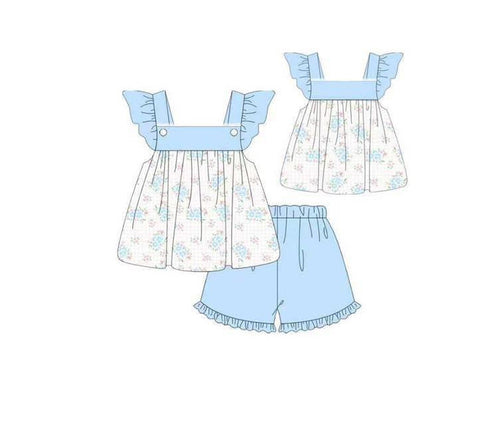 Preorder 12.14 MOQ 5 pcs GSSO2869 Flower Blue Girls Shorts Set