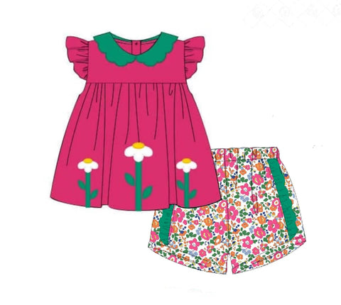 Preorder 12.14 MOQ 5 pcs GSSO2873 Flower Pink Green Girls Shorts Set