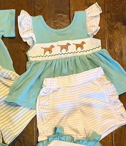 Preorder 12.14 MOQ 5 pcs GSSO2876 Dog Mint Stripe Girls Shorts Set