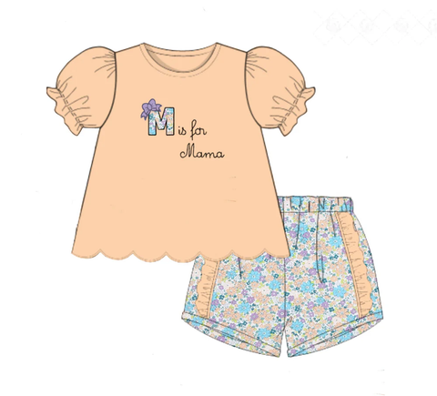 Preorder 12.14 MOQ 5 pcs GSSO2877 MAMA Orange Flower Girls Shorts Set