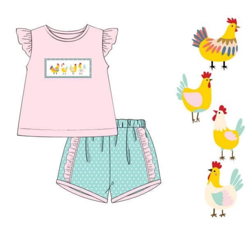 Preorder 12.14 MOQ 5 pcs GSSO2879 Farm Rooster Pink Girls Shorts Set