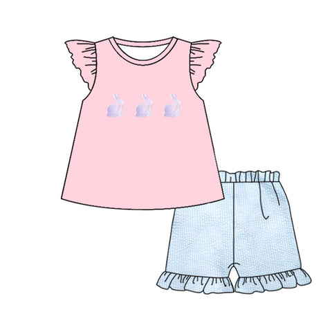 Preorder 12.14 MOQ 5 pcs GSSO2882 Easter Rabbit Sky Blue Girls Shorts Set