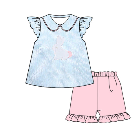 Preorder 12.14 MOQ 5 pcs GSSO2883 Easter Rabbit Sky Blue Girls Shorts Set
