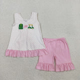 GSSO2884 Embroidery Golf Cart Pink Girls Shorts Set