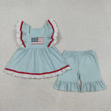 GSSO2926 Embroidery 4th of July Flag Bows Girls Shorts Set