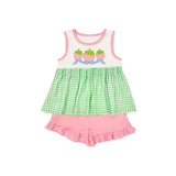 Preorder Samples GSSO2981 Embroidery Strawberry Bows Green Plaid Pink Girls Shorts Set