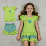 GSSO3033 Embroidery Golf Yellow Green Plaid Girls Shorts Set
