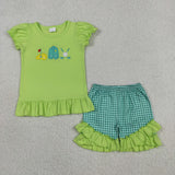 GSSO3033 Embroidery Golf Yellow Green Plaid Girls Shorts Set