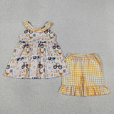 GSSO3071 Farm Cow Chick Animals Plaid Girls Shorts Set