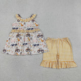 GSSO3071 Farm Cow Chick Animals Plaid Girls Shorts Set