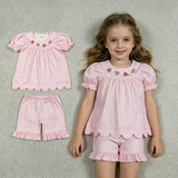 GSSO3239 Embroidery Watermelon Pink Scallop Edge Girls Shorts Outfits