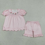 GSSO3239 Embroidery Watermelon Pink Scallop Edge Girls Shorts Outfits