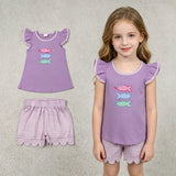 GSSO3242 Embroidery Fish Purple Scallop Edge Girls Shorts Outfits
