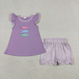 GSSO3242 Embroidery Fish Purple Scallop Edge Girls Shorts Outfits
